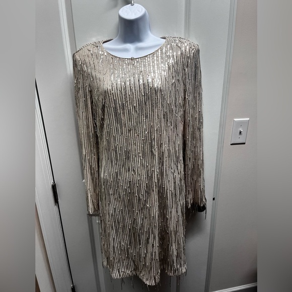 Eliza J Women’s fringed sequin long sleeve cocktail party dress size 14 - Picture 2 of 9